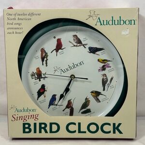 Vintage Audubon Singing Bird Clock 13" Green Frame Birds Songs Hour New Open Box
